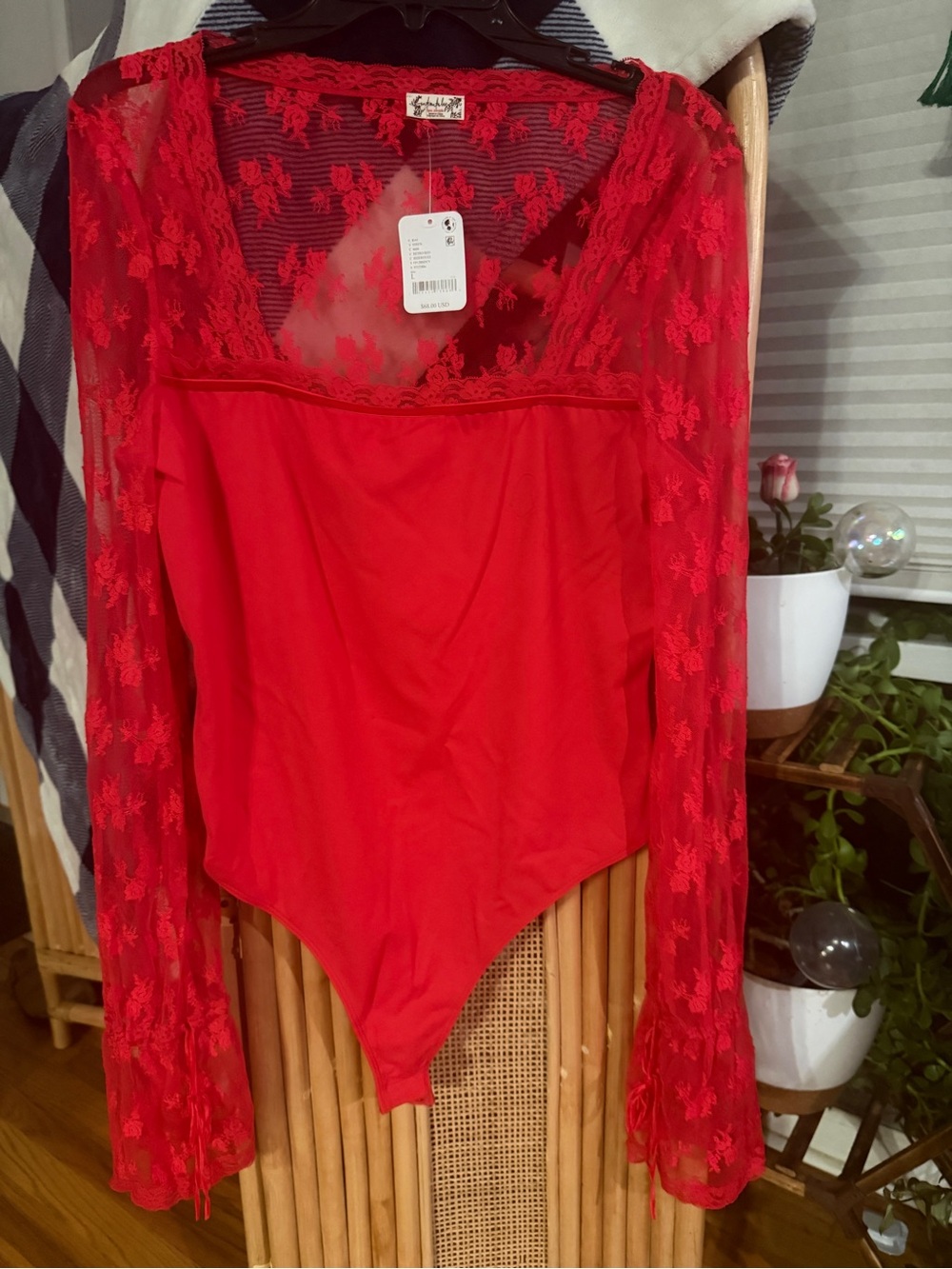 Free People Red Lace Long-Sleeve Bodysuit with Tie Sleeves